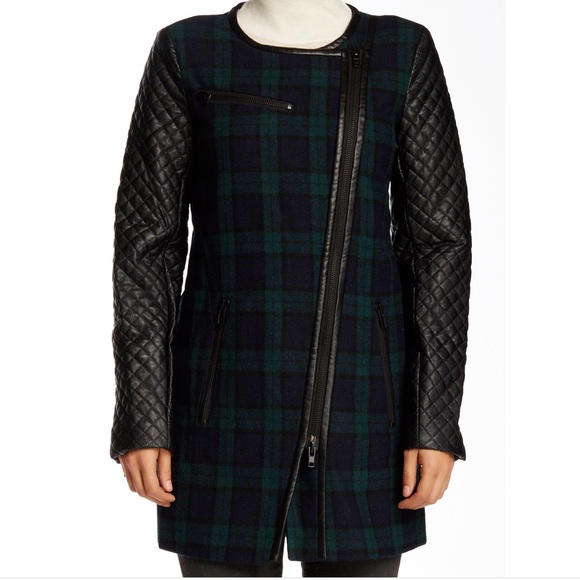 NWT WALTER BAKER 118 Sadie Blue Green Plaid Faux Leather Sleeve Coat MED - Picture 6 of 11